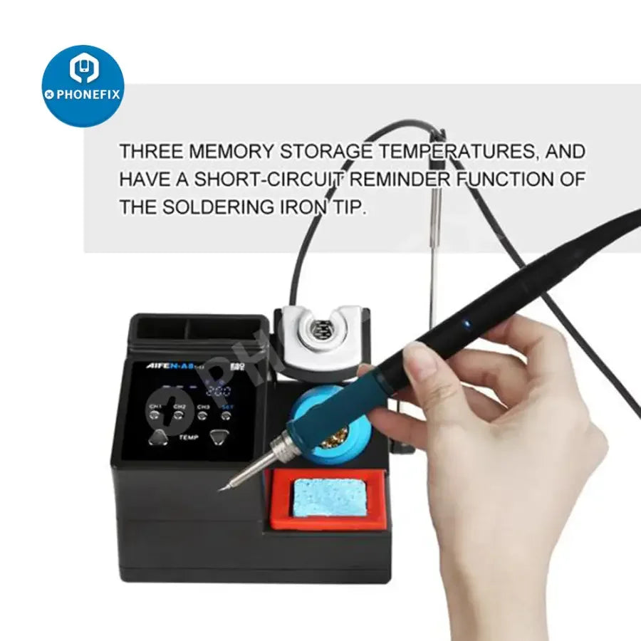 AIFEN A8 BGA Soldering Station with digital display, T12 handle, and three soldering tips for precise electronics repair.