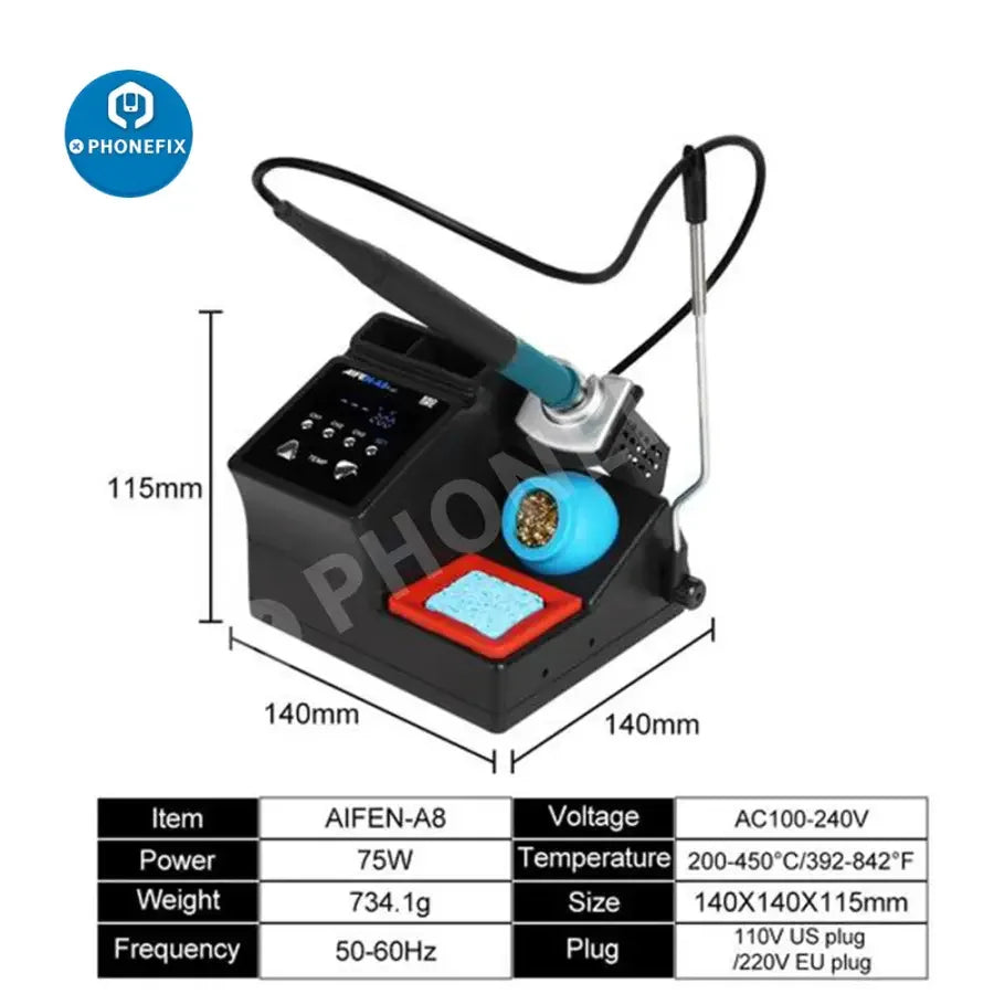 AIFEN A8 BGA Soldering Station with digital display and T12 handle, featuring three soldering tips for precise electronics repair.