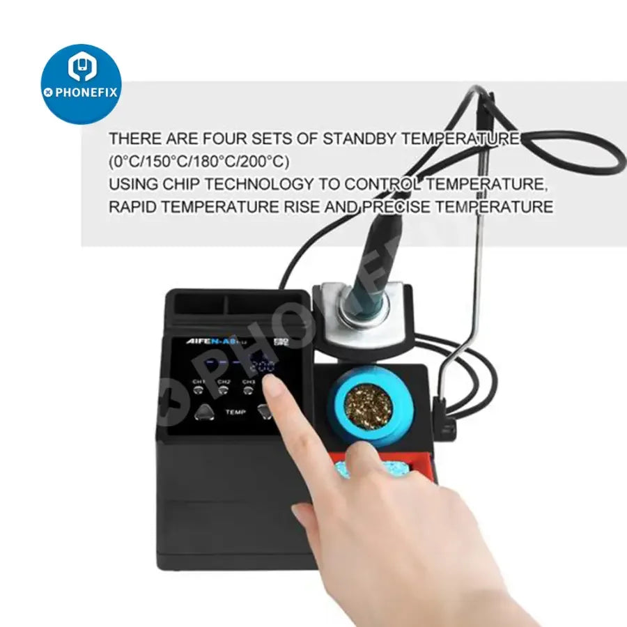 AIFEN A8 BGA Soldering Station with digital display and T12 handle, including three soldering tips, by PHONEFIX.