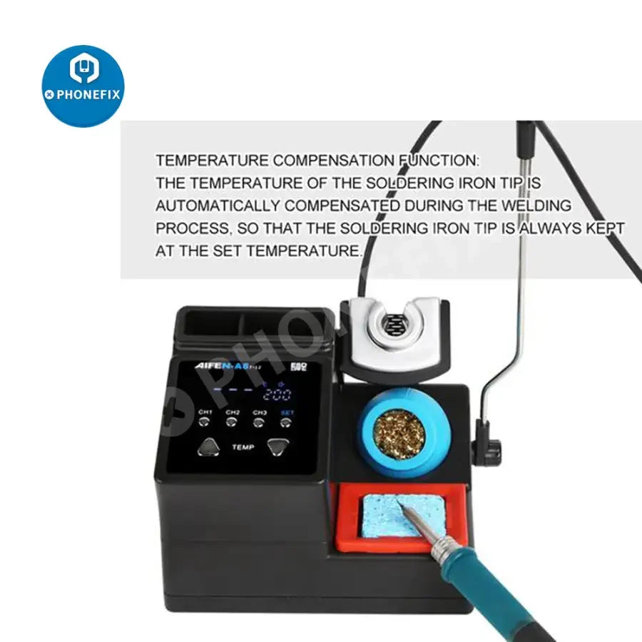 AIFEN A8 BGA soldering station with digital display and T12 handle, shown with three tips, for precise electronic soldering repairs.