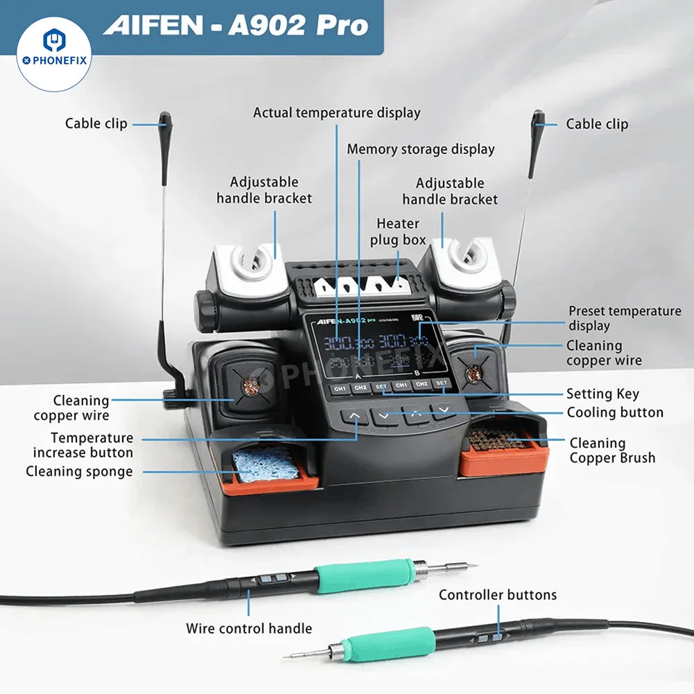 AIFEN A902 Pro double BGA soldering station by PHONEFIX with digital controls and multiple connection ports.