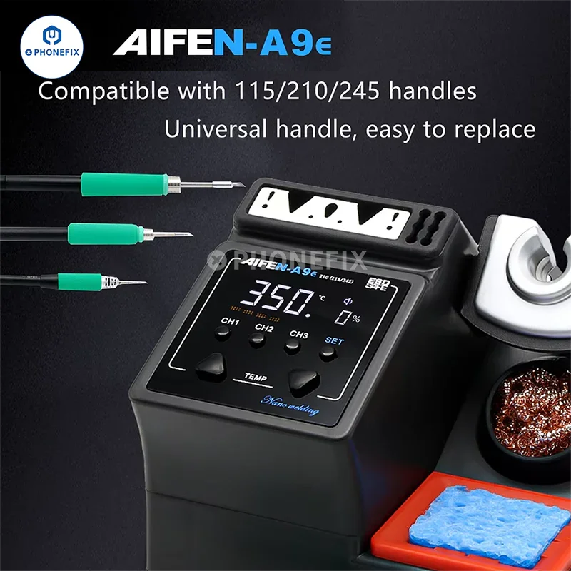 AIFEN A9E 160W BGA soldering station with C210 C245 C115 iron tips, used for precise electronic soldering and rework.