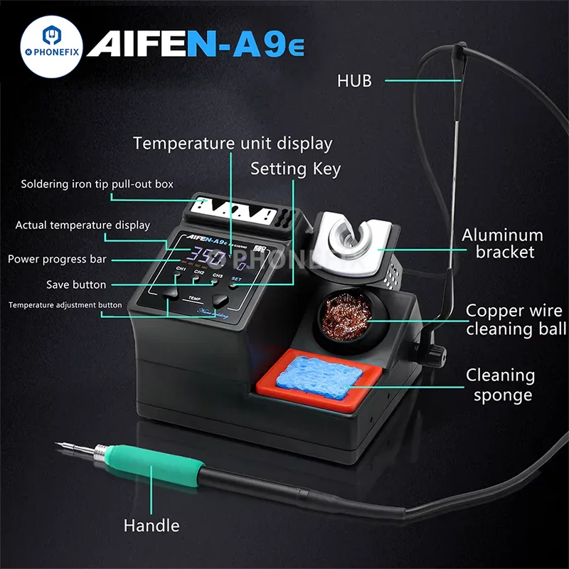 AIFEN A9E 160W BGA soldering station with C210 C245 C115 iron tips, featuring digital controls and ergonomic design.