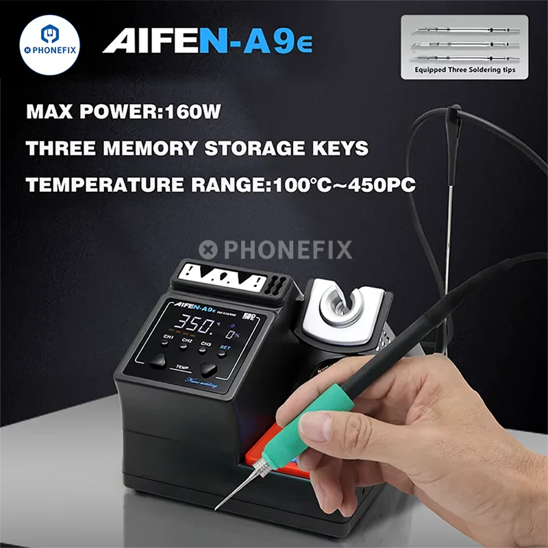 AIFEN A9E 160W BGA soldering station with C210, C245, C115 iron tips for precise electronic repair and soldering tasks.