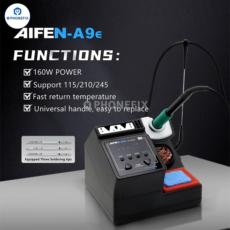 AIFEN A9E 160W BGA soldering station with C210, C245, C115 iron tips, branded PHONEFIX, with control panel and soldering iron attached.