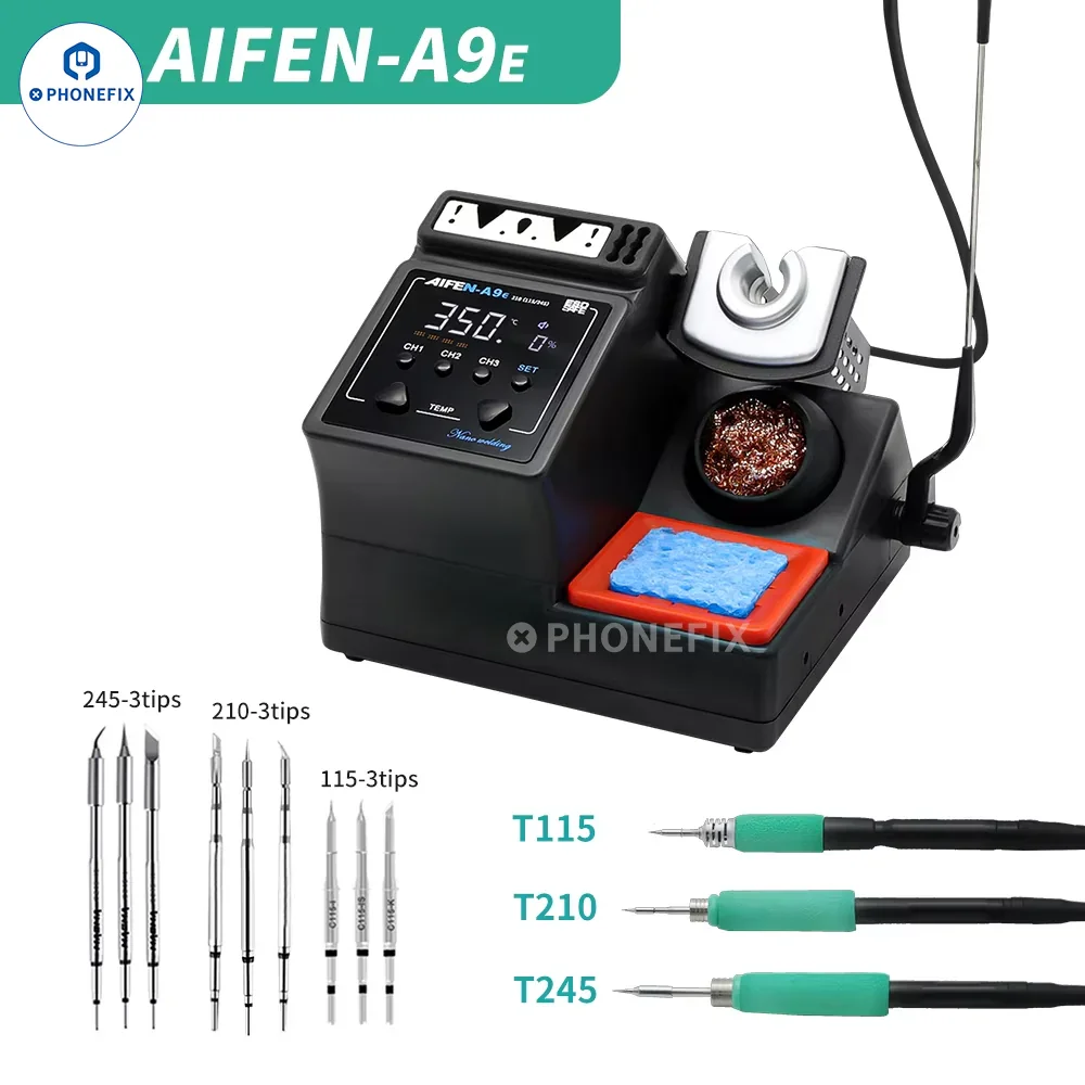 AIFEN A9E 160W BGA soldering station with three iron tips and C210, C245, C115 attachments, used for precise electronics work.