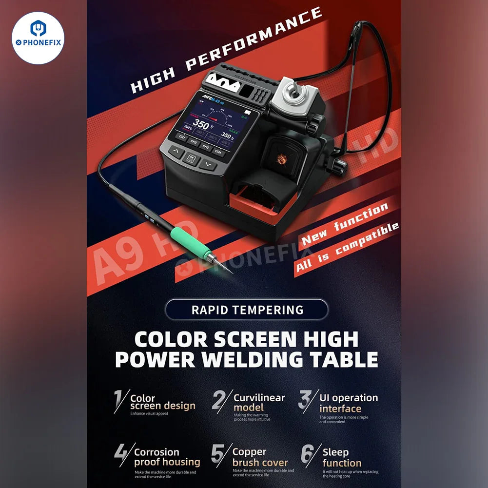 AIFEN A9HD BGA soldering station by PHONEFIX with precision tools, 180W welding equipment for electronics repair and rework.