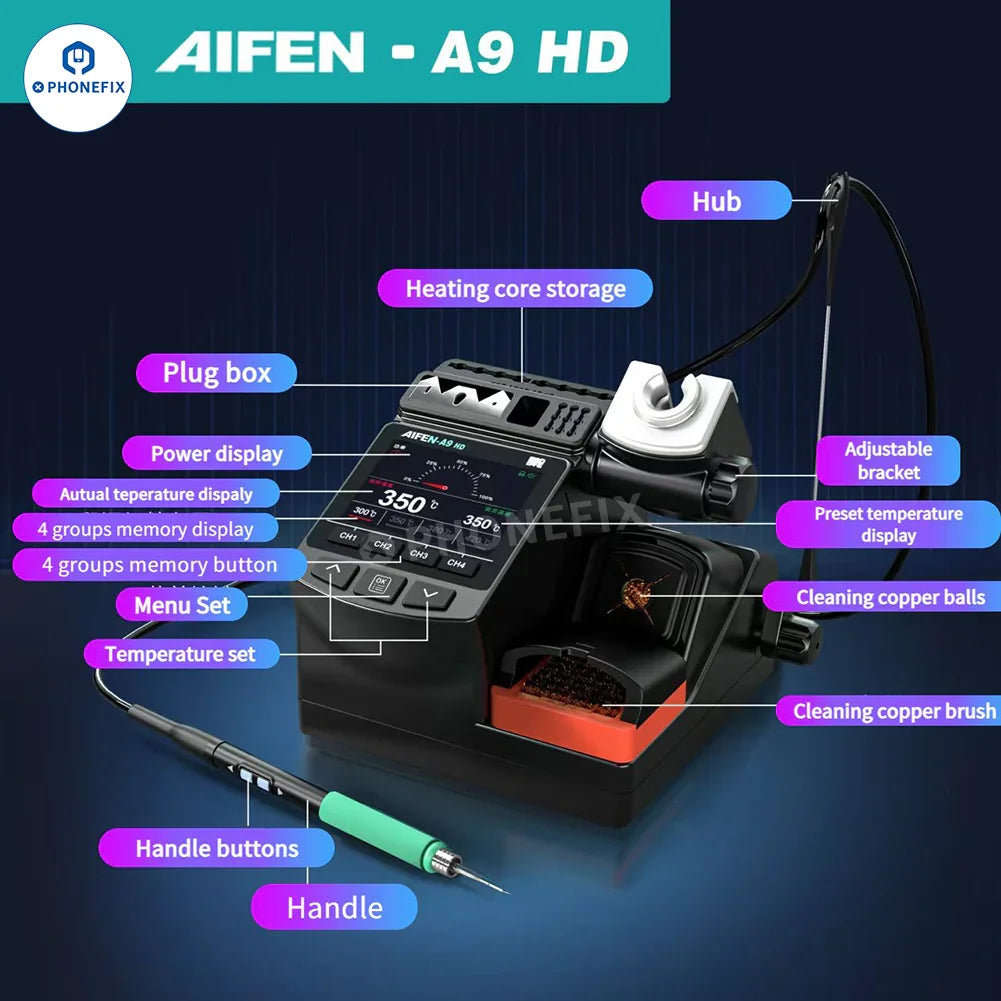 AIFEN A9HD BGA soldering station by PHONEFIX, 180W precision welding tool with digital controls and ergonomic design.