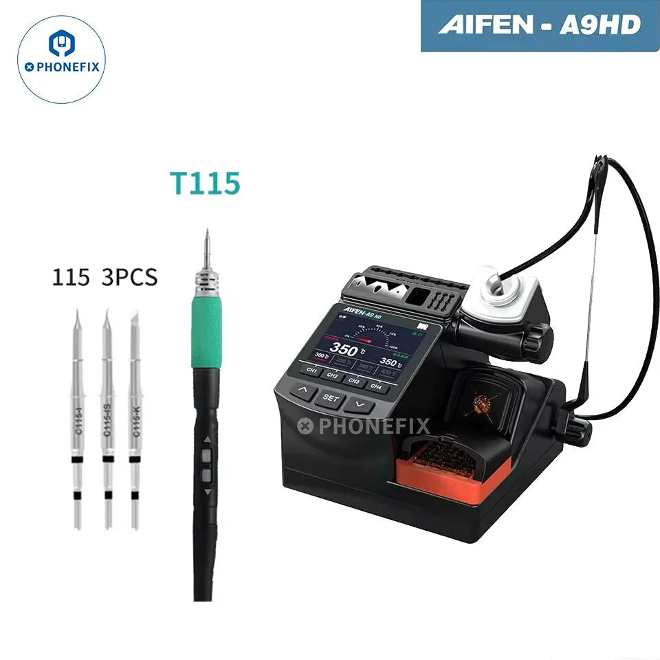 AIFEN A9HD BGA soldering station with digital display and precision tools for electronics repair, branded PHONEFIX, 180W power.