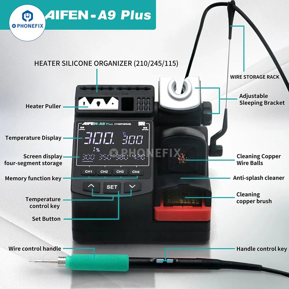 AIFEN A9 Plus BGA soldering station by PHONEFIX with digital display and T210/245/115 handle for precise temperature control.