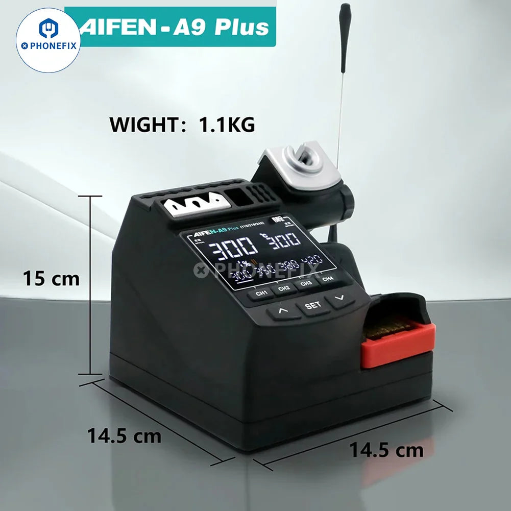 AIFEN A9 Plus BGA soldering station with digital display, T210/245/115 handle, control buttons, and soldering iron tip for precise welding.