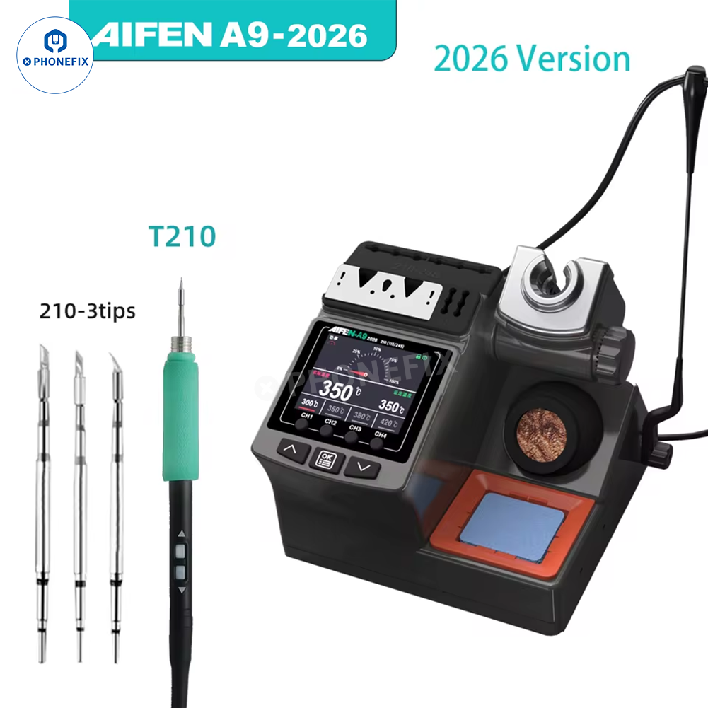 Aifen A9 BGA soldering station with C115, C210, C245 welding handles, featuring digital controls and ergonomic design.