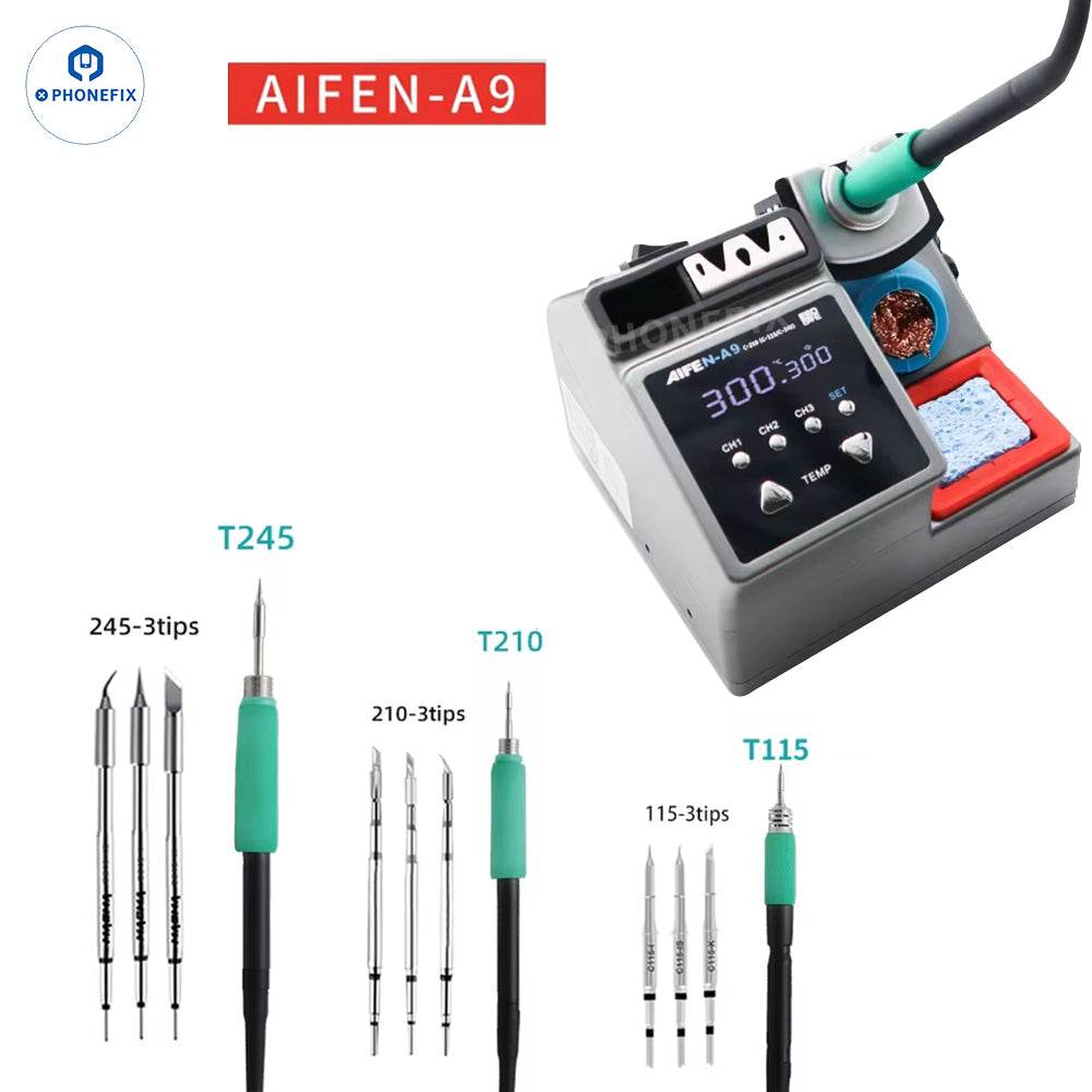 Aifen A9 BGA soldering station with C115, C210, C245 welding handles, compact setup for precise electronic repairs.