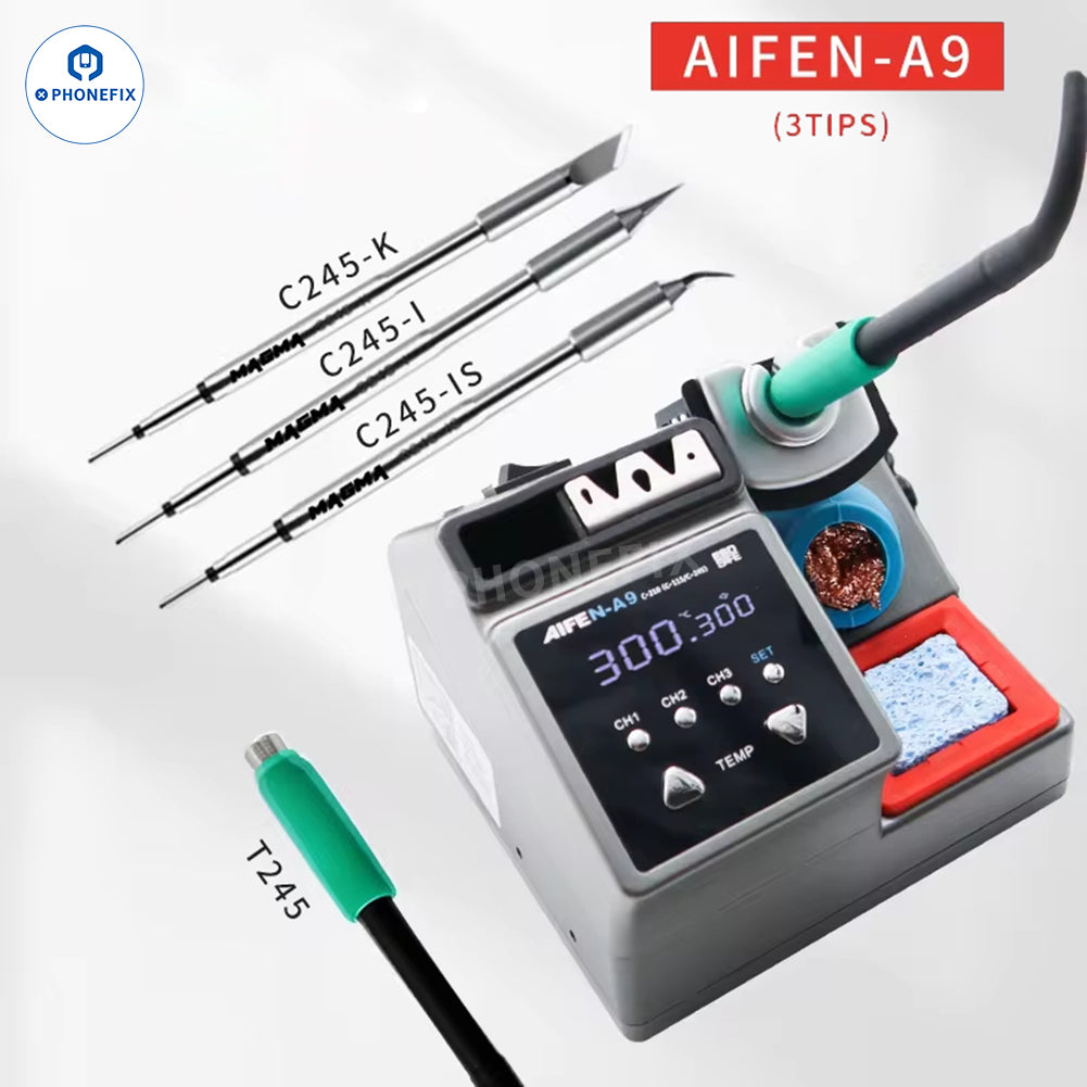 Aifen A9 BGA soldering station with C115, C210, C245 welding handles, featuring digital display and professional soldering tools.