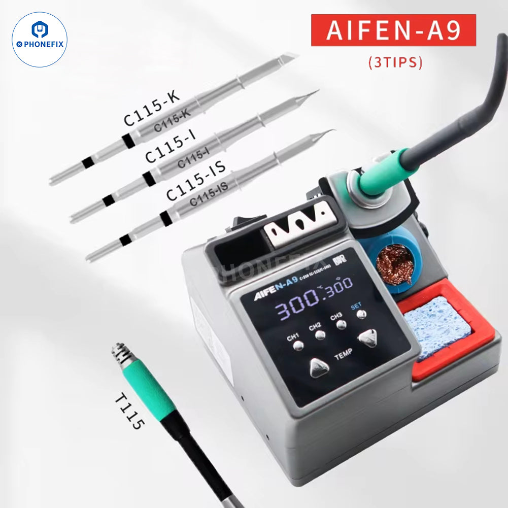 Aifen A9 BGA soldering station with C115/C210/C245 welding handle, featuring digital controls and compact design for electronic repairs.