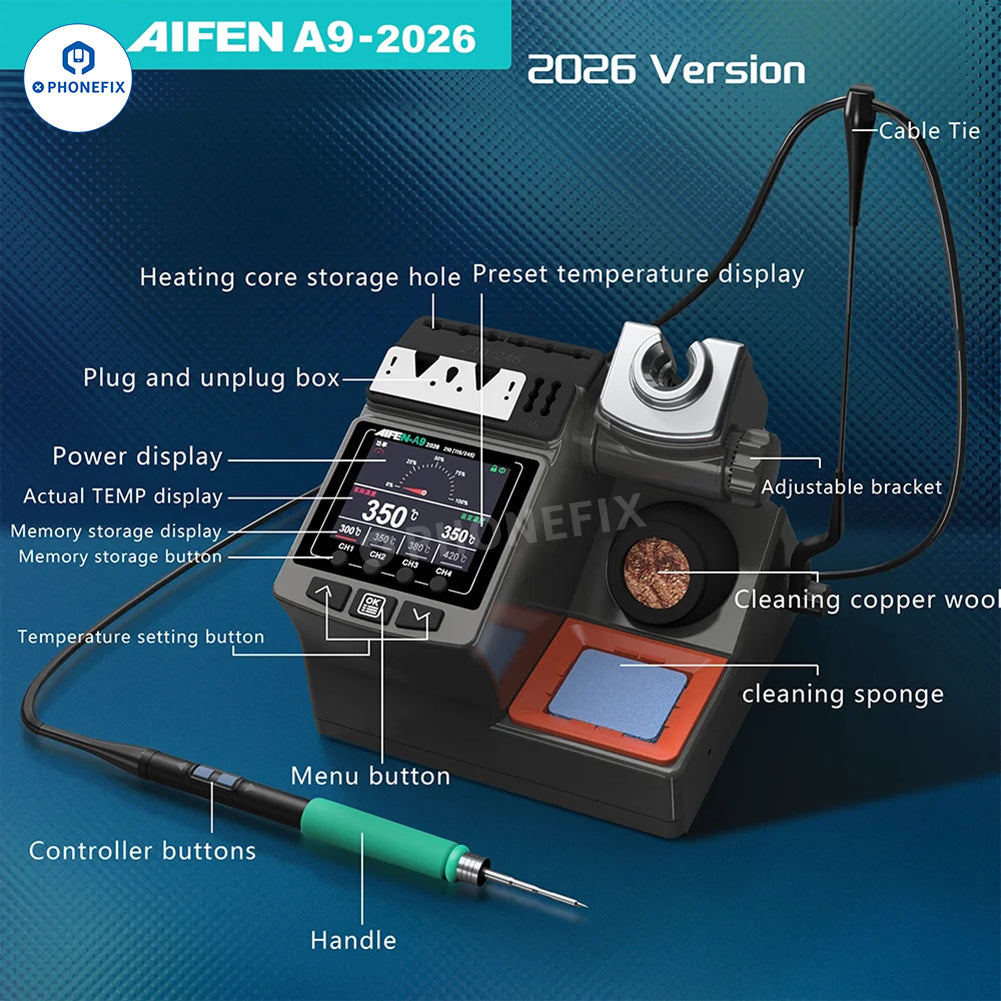 Aifen A9 BGA soldering station with C115, C210, C245 welding handles from PHONEFIX, featuring a digital display and control panel.