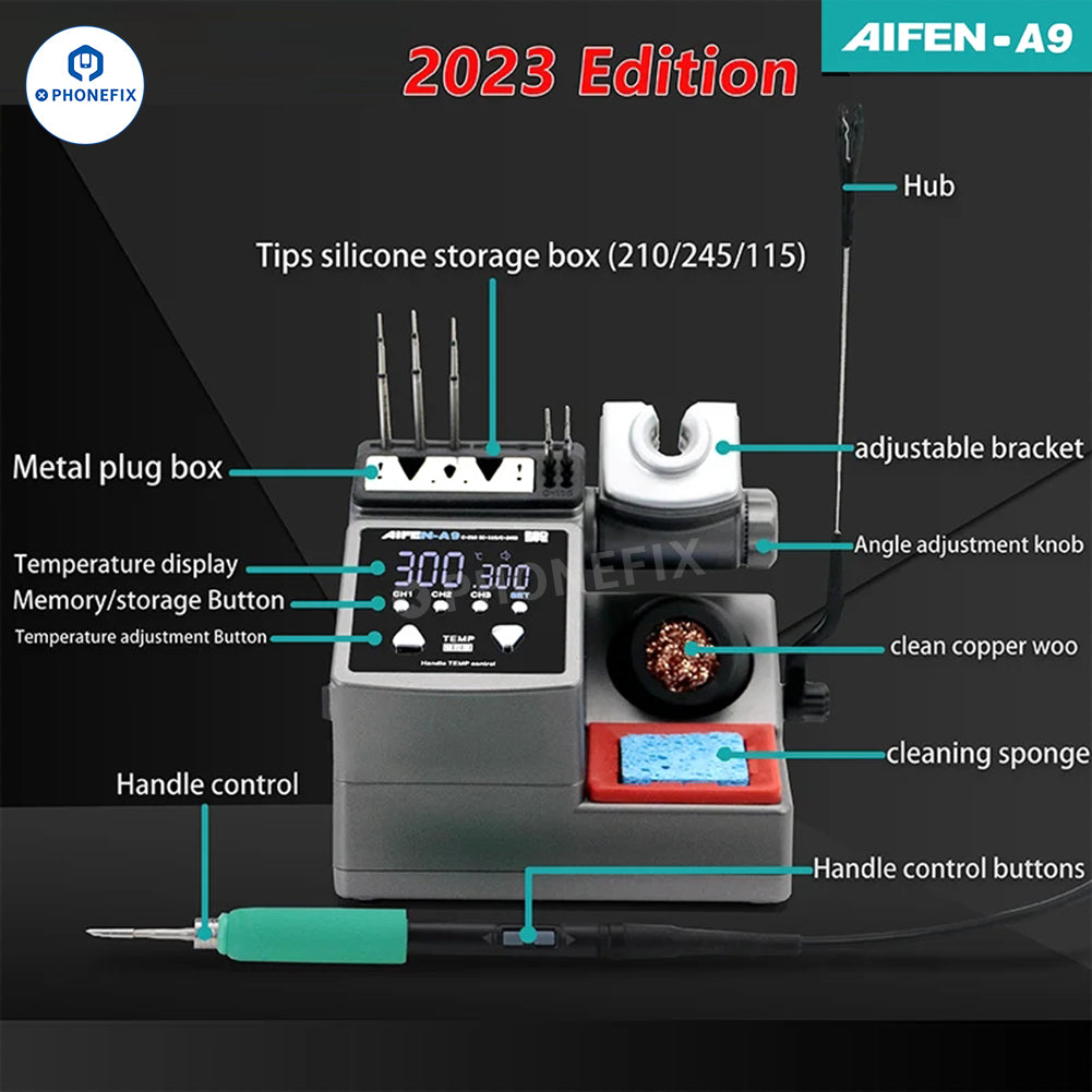 Aifen A9 BGA soldering station by PHONEFIX with C115, C210, and C245 welding handles, featuring a sleek digital control panel.