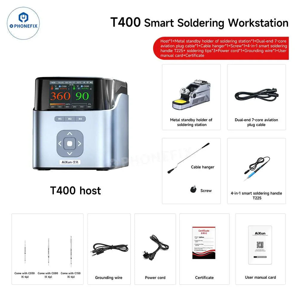 AiXun T400 320W BGA soldering station with T225 handle, featuring a digital display and adjustable temperature controls.