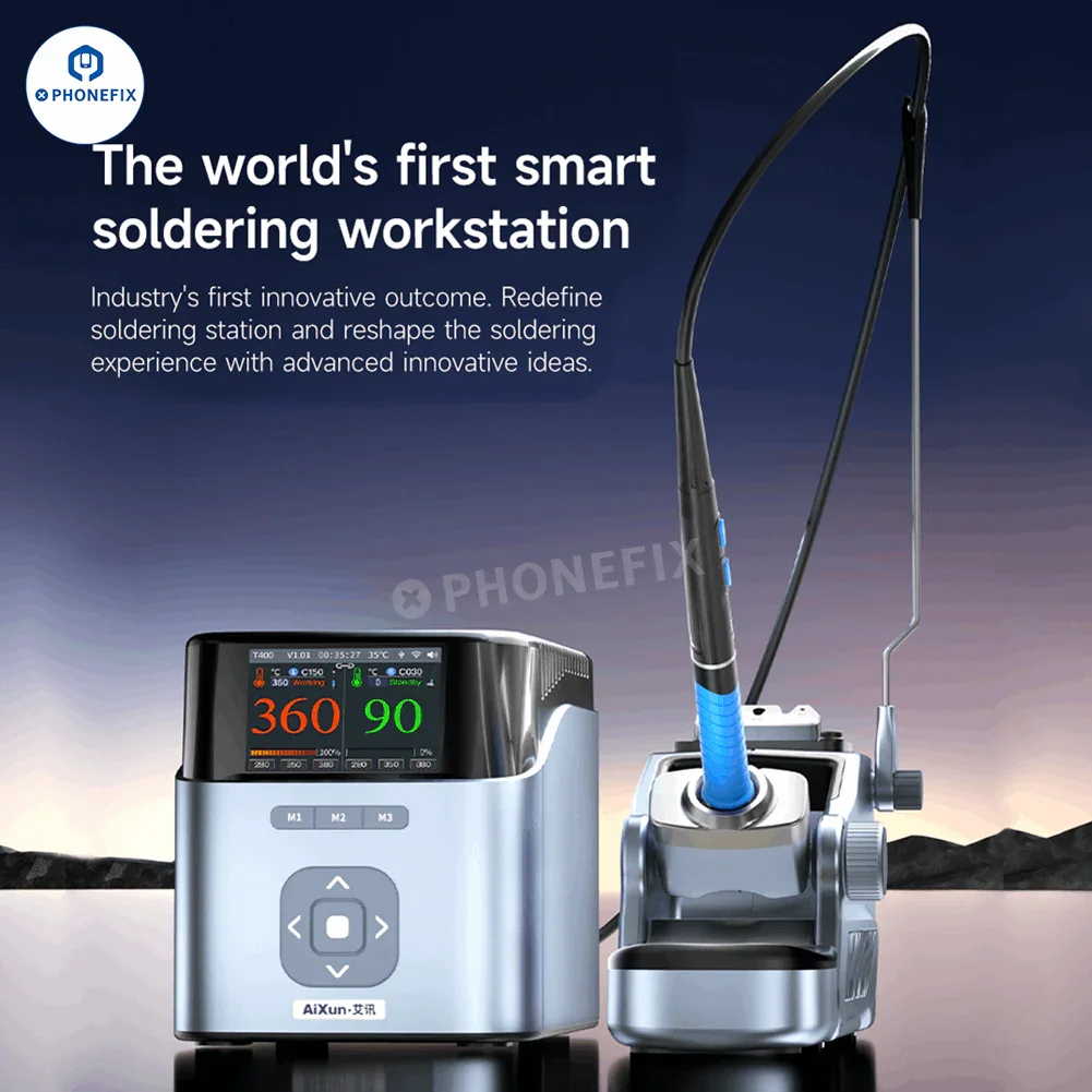 AiXun T400 320W BGA soldering station with T225 handle, PHONEFIX smart workstation for precise electronic soldering.