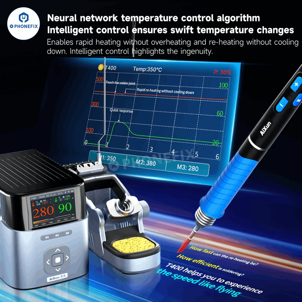 AiXun T400 320W BGA soldering station with T225 handle, PHONEFIX smart soldering workstation for precise electronics repair.