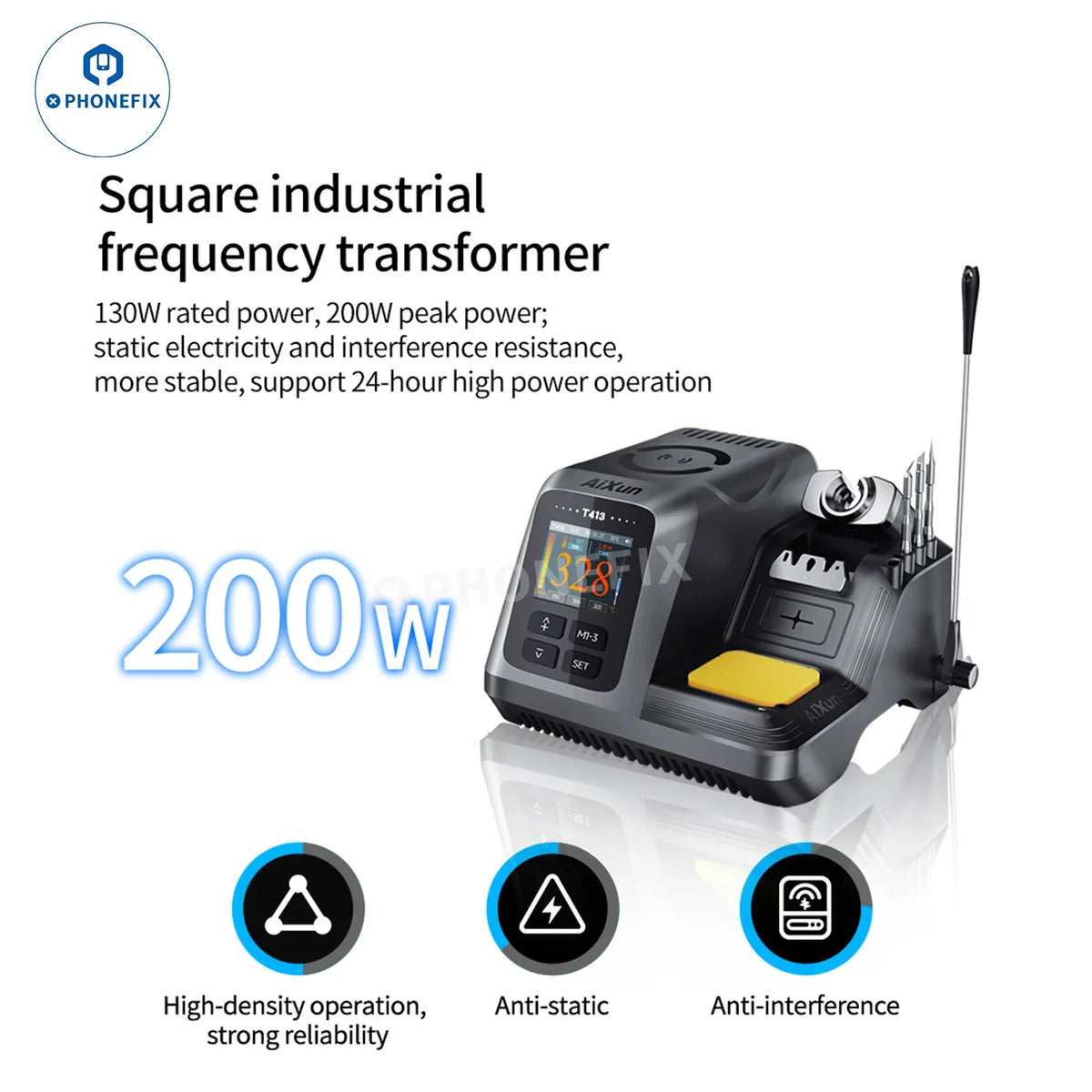 Estación de soldadura BGA AIXUN T413 con mango T245 y mango T225 para tareas de soldadura y retrabajo electrónico de precisión.