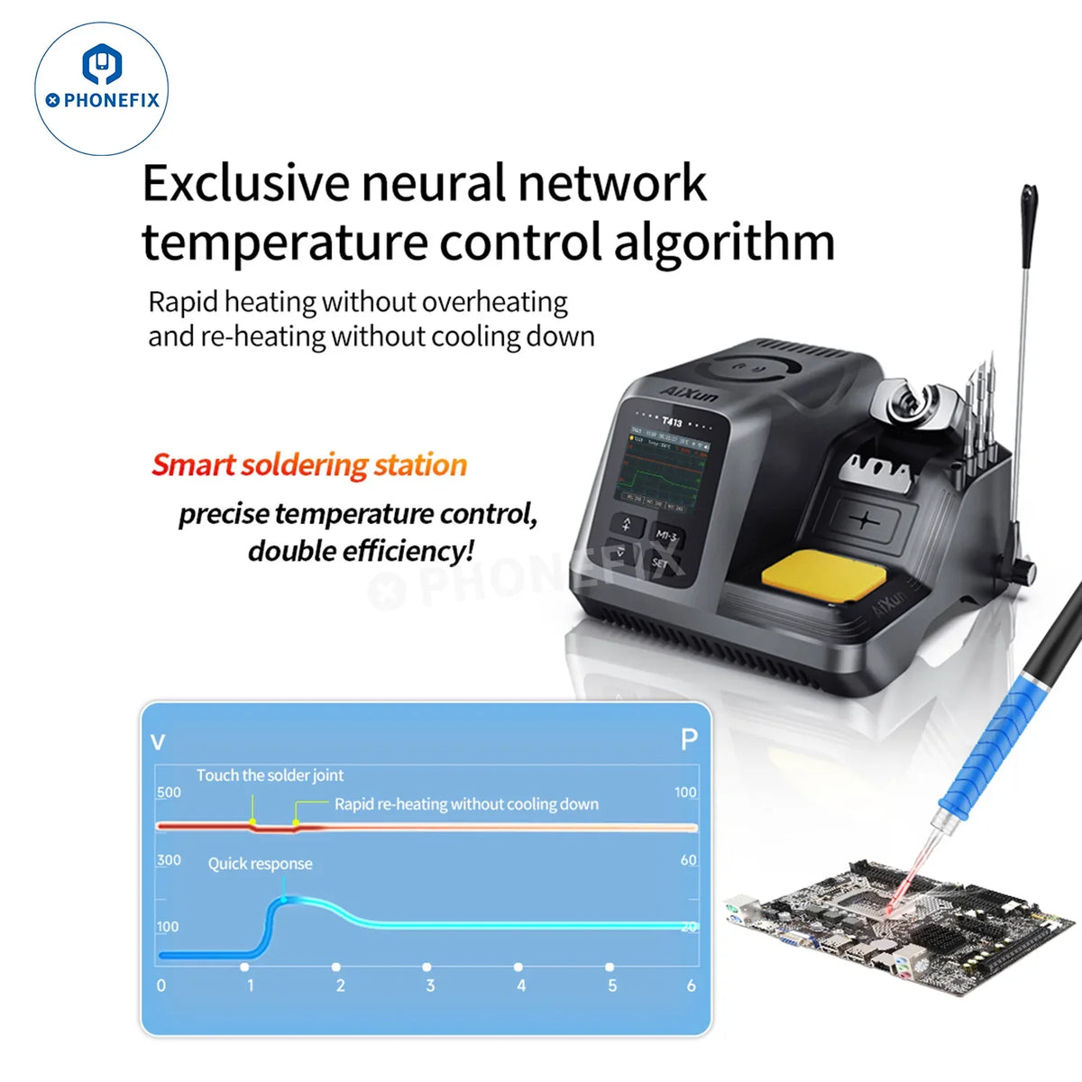 Estación de soldadura BGA AIXUN T413 con mango T245 y mango T225, que presenta un diseño compacto integrado para la reparación de componentes electrónicos.