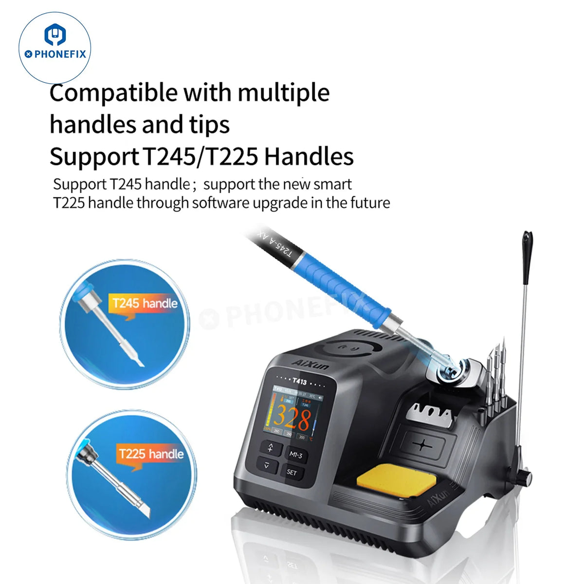 Estación de soldadura BGA AIXUN T413 con mangos T245 y T225, que incorpora controles digitales y un diseño ergonómico para una soldadura precisa.