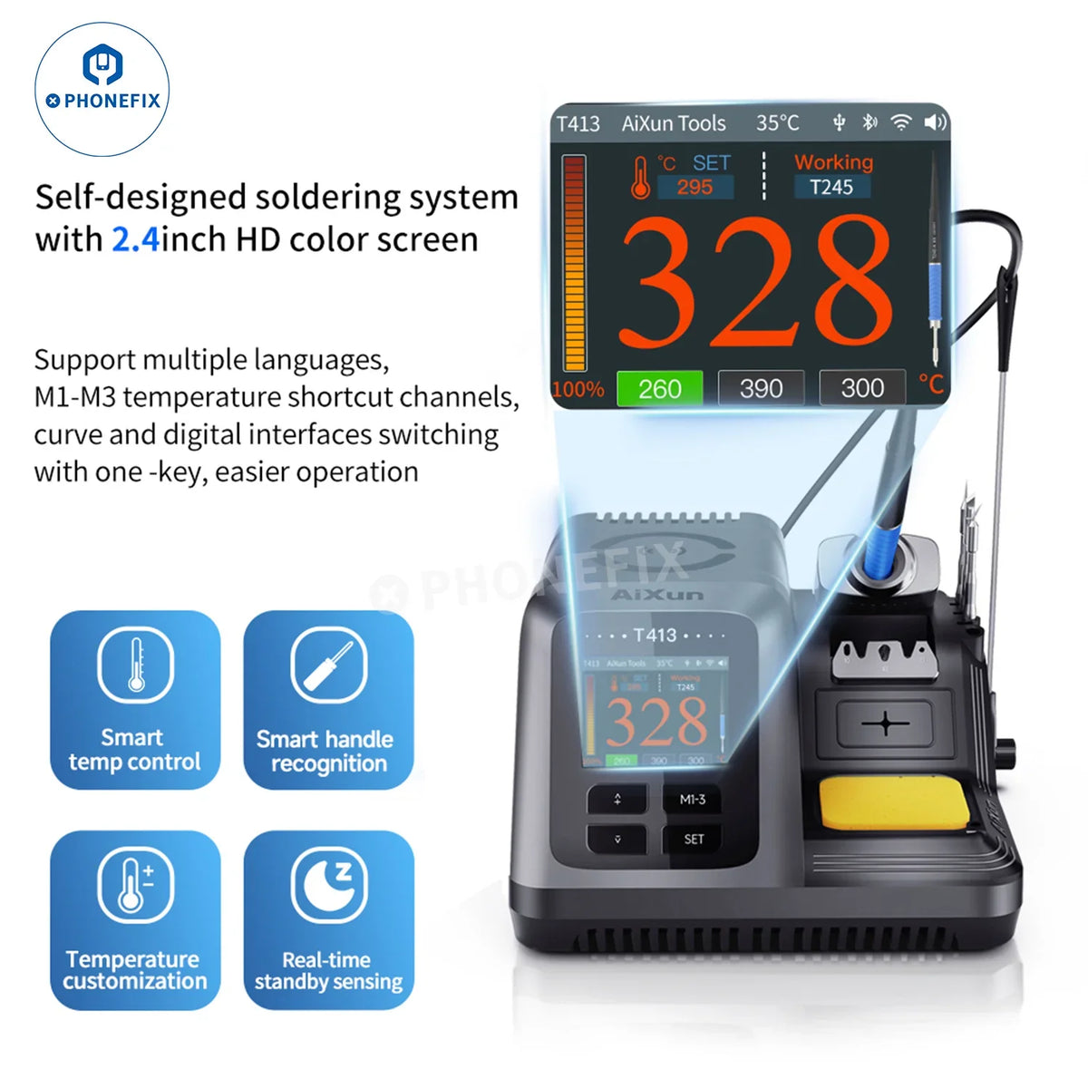Estación de soldadura BGA AIXUN T413 con asas T245 y T225, que incluye un panel de control digital y herramientas de soldadura.