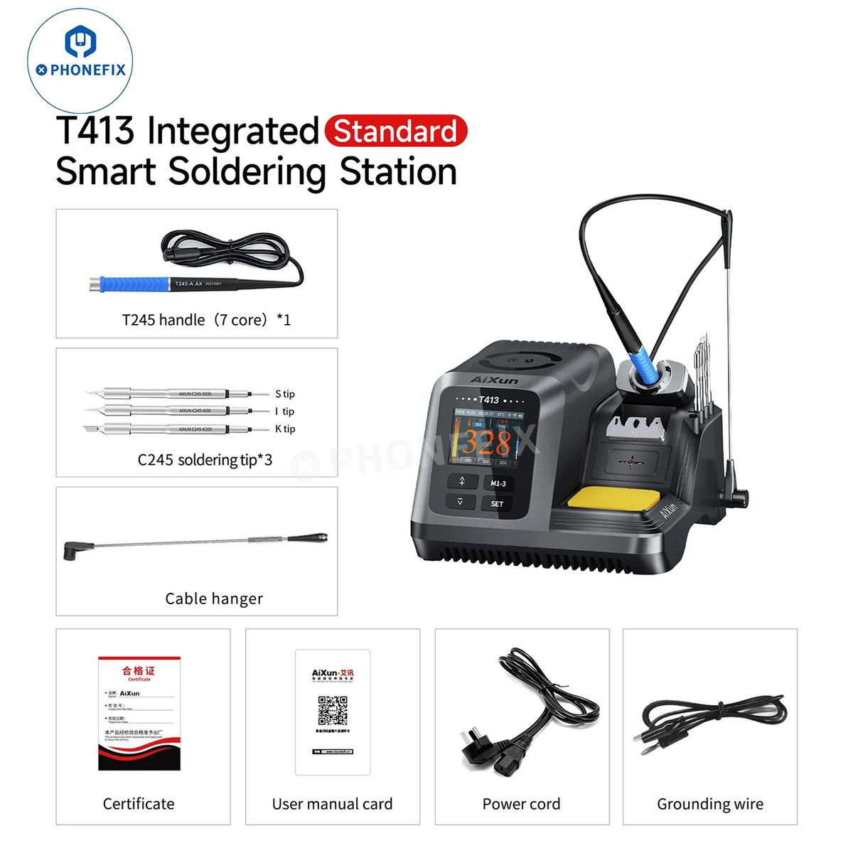 Estación de soldadura BGA AIXUN T413 con mango T245 y controles integrados, utilizada para tareas de soldadura electrónica de precisión.