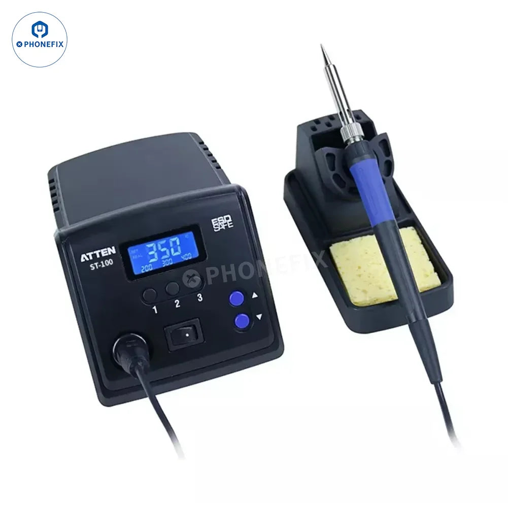 Phonefix BGA Soldering Station ATTEN ST-60 ST-80 ST-100 ST-990 digital soldering station with digital display and adjustable temperature controls.
