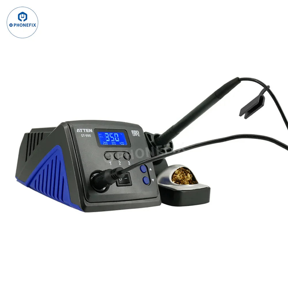 PhoneFix BGA Soldering Station ATTEN ST-60 ST-80 ST-100 ST-990 digital soldering station with control display and soldering iron.