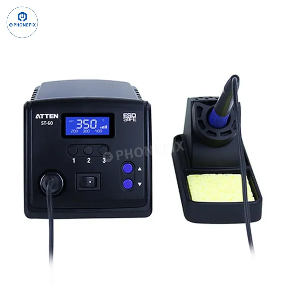PhoneFix BGA Soldering Station ATTEN ST-60 ST-80 ST-100 ST-990 digital soldering station with control panel and temperature display.