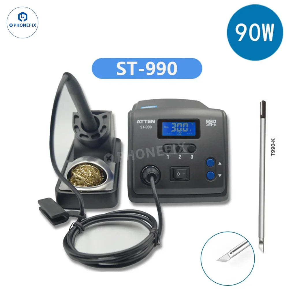 PhoneFix ATTEN ST-60 ST-80 ST-100 ST-990 BGA digital soldering station with digital display and adjustable temperature controls.