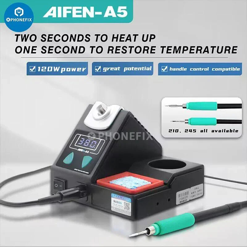 AIFEN A5 BGA Soldering Rework Station by PHONEFIX with C210, C245, C115 handles, compact BGA soldering station for electronics repair.
