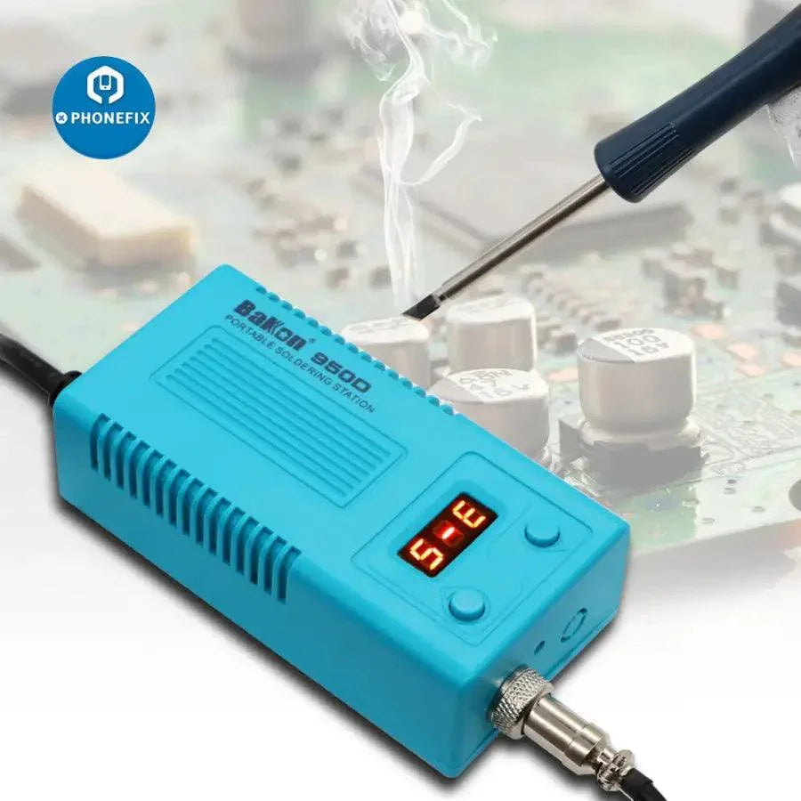 Bakon BK950D portable BGA soldering station by PHONEFIX for electronics repair, featuring a compact design and precision soldering tip.