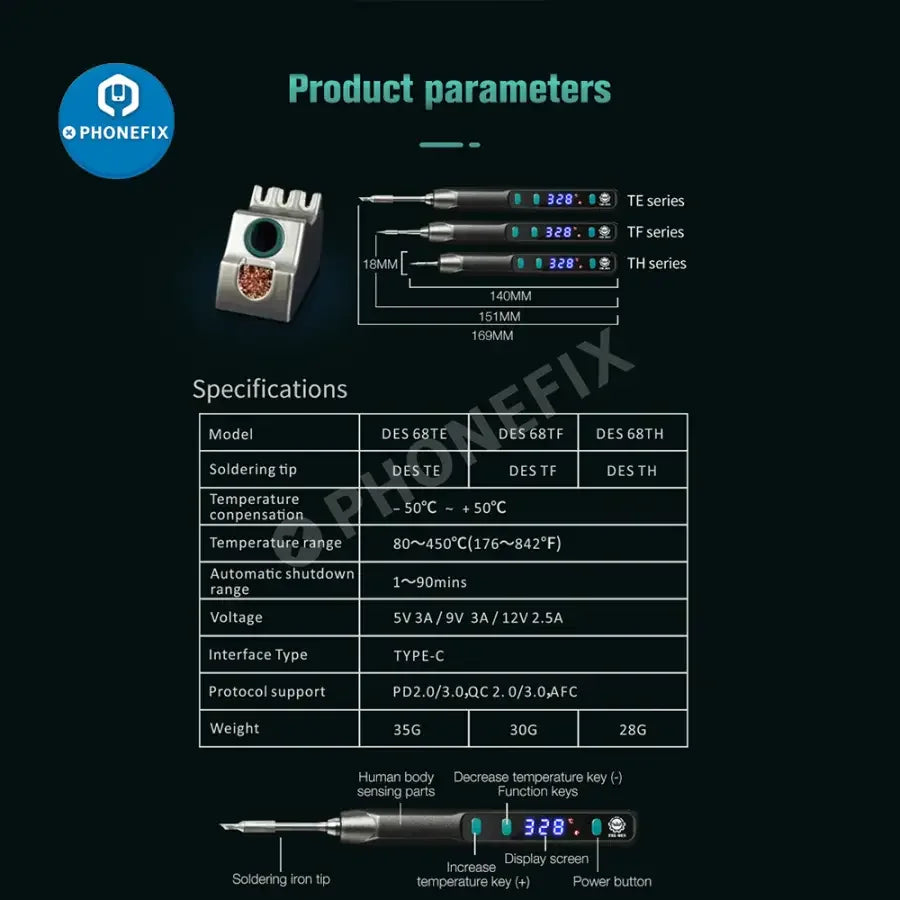 PhoneFix DES 68 TE TF TH Mini Nano BGA Soldering Station digital welding tool with control panel and soldering iron for precise electronic repairs.