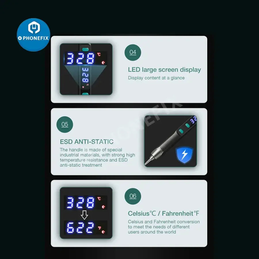 PhoneFix DES 68 TE TF TH Mini Nano BGA Soldering Station, digital welding tool with control panel and soldering iron.