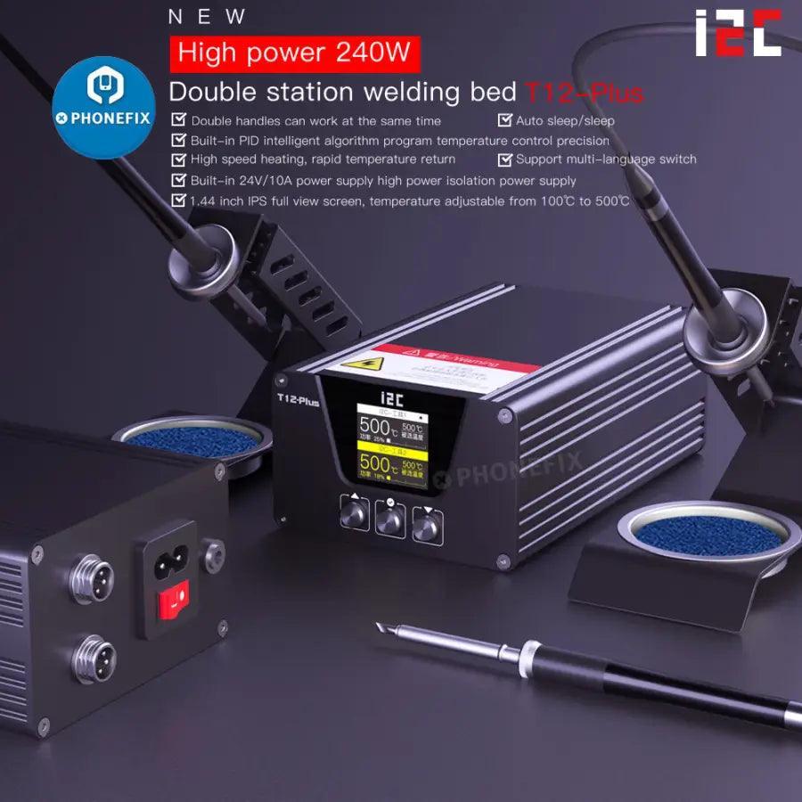 PhoneFix i2C T-12 Plus BGA soldering station with double handles, sturdy base, and precision iron tips for electronics repair.