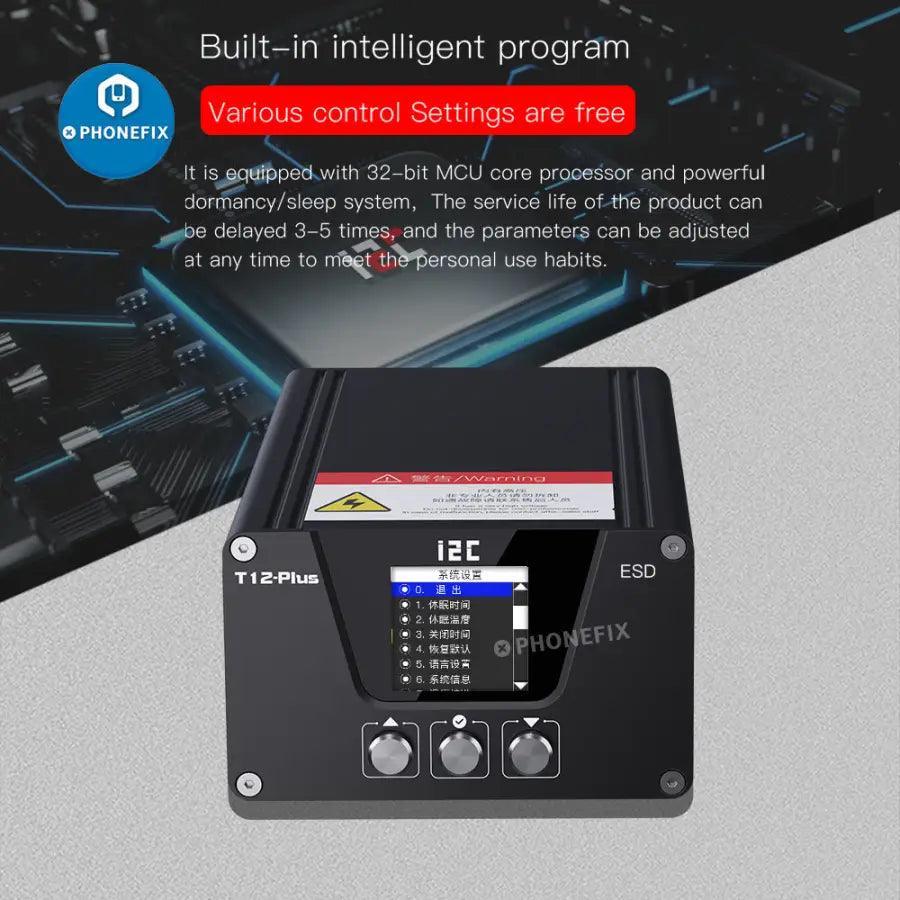 PhoneFix i2C T-12 Plus BGA soldering station with double handles, base, and iron tips, ideal for precise electronics work