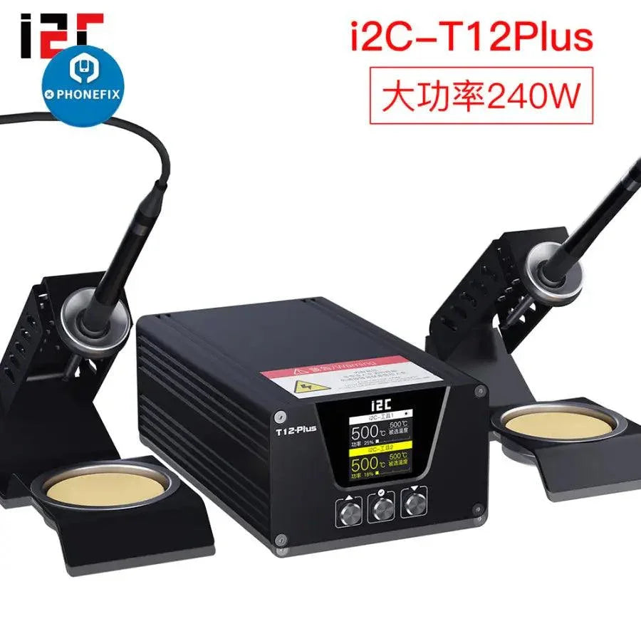 i2C T-12 Plus BGA Soldering Station by PHONEFIX with double handles, base, and interchangeable iron tips for precise soldering.