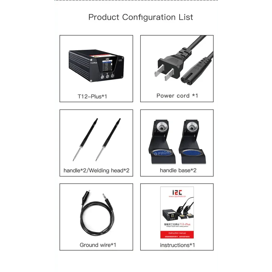 PhoneFix i2C T-12 Plus BGA soldering station with double handles base and iron tips for precise electronics soldering.
