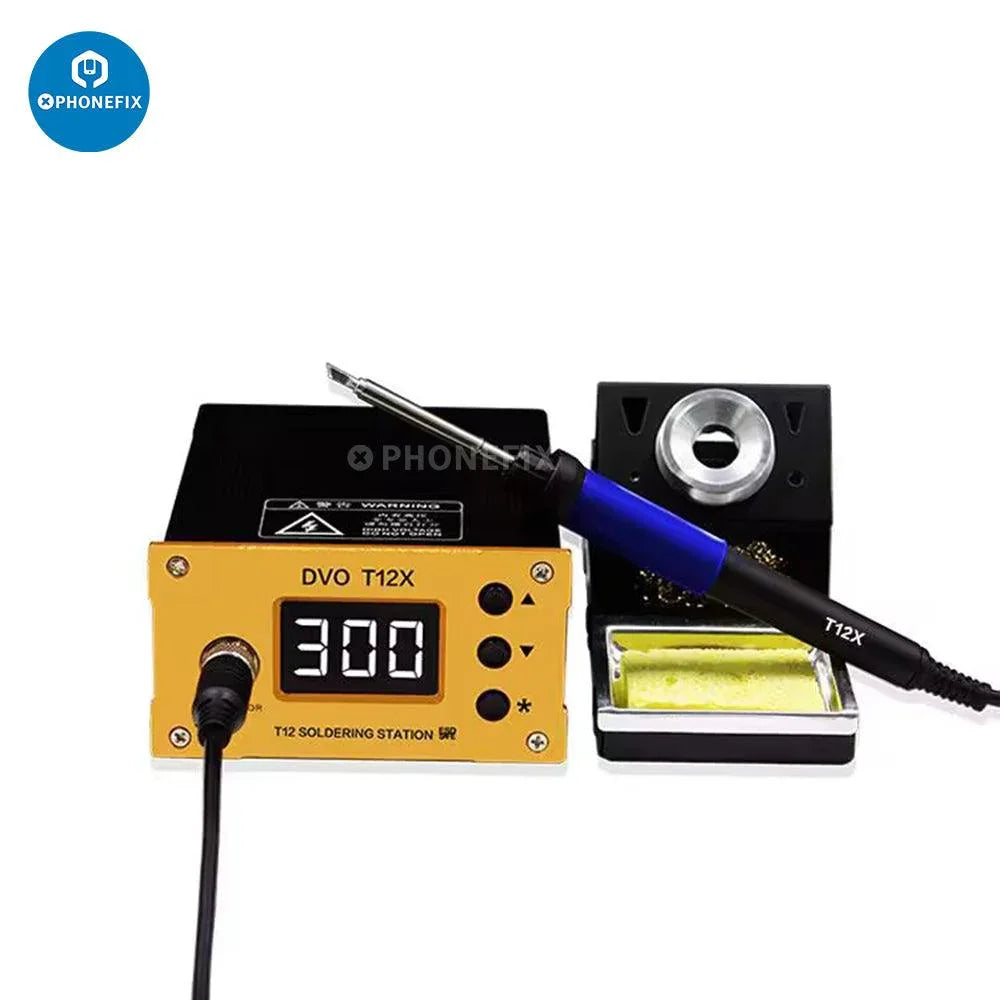 PhoneFix i2C T-12 Plus BGA soldering station with double handles base and iron tips for precise electronic repairs.