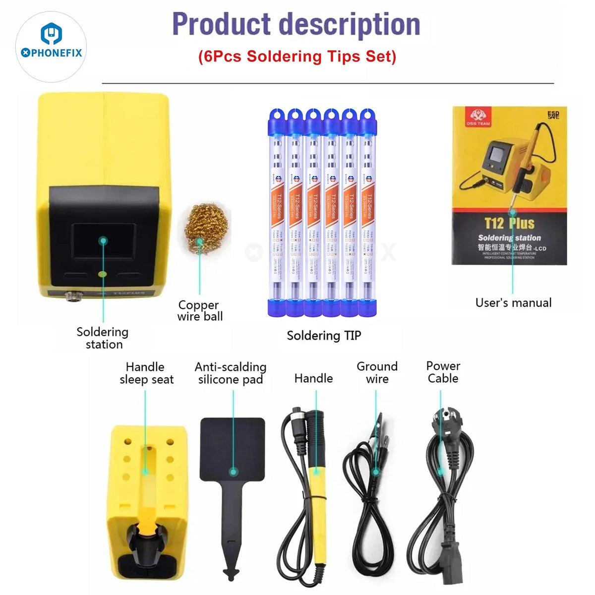 i2C T-12 Plus BGA soldering station by PHONEFIX with double handles base and six iron tips for precision soldering.