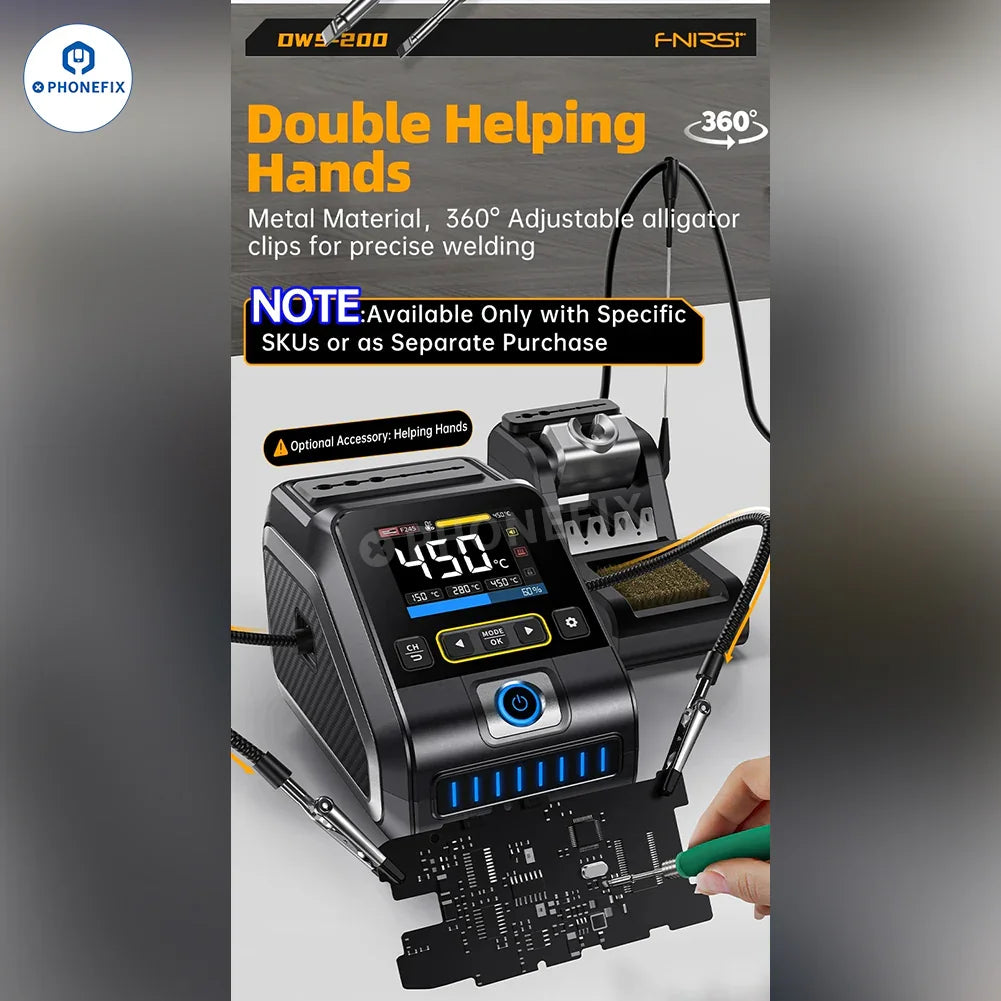 PHONEFIX FNIRSI DWS-200 200W BGA Soldering Station with T210 T245 handle and K-tip for precise soldering tasks.