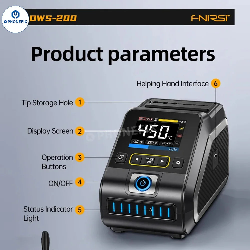 PHONEFIX FNIRSI DWS-200 200W BGA Soldering Station with T210 T245 handle, high-precision soldering tool for electronics repair.
