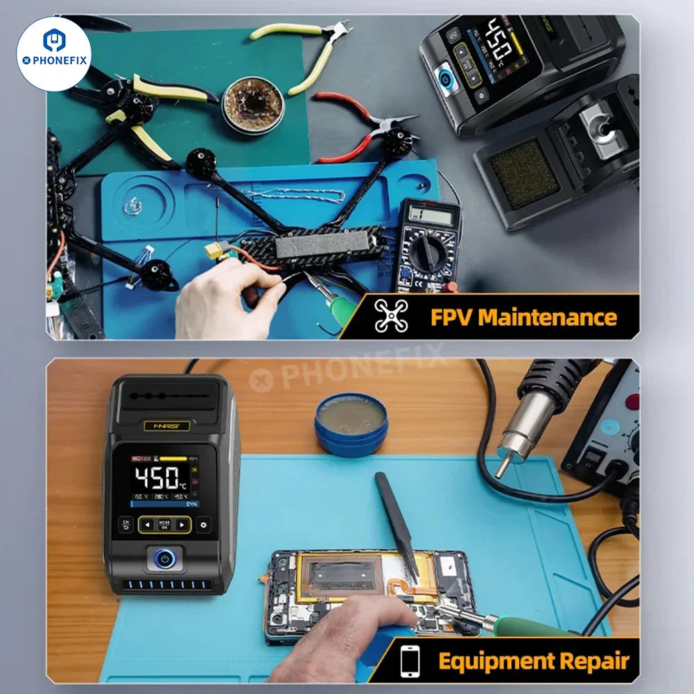 FNIRSI DWS-200 200W BGA soldering station with T210 T245 handle and PHONEFIX branding, featuring a sleek soldering tool and accessories.