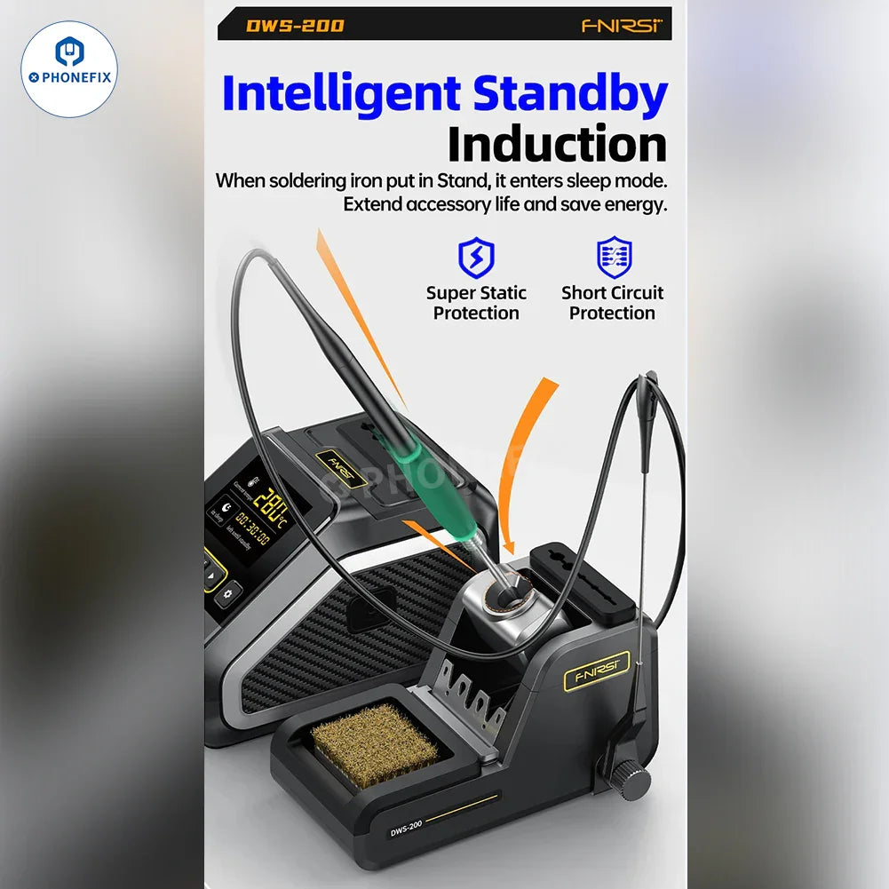 PhoneFix FNIRSI DWS-200 BGA soldering station with T210 T245 handle, 200W power, and ergonomic design for precise soldering.