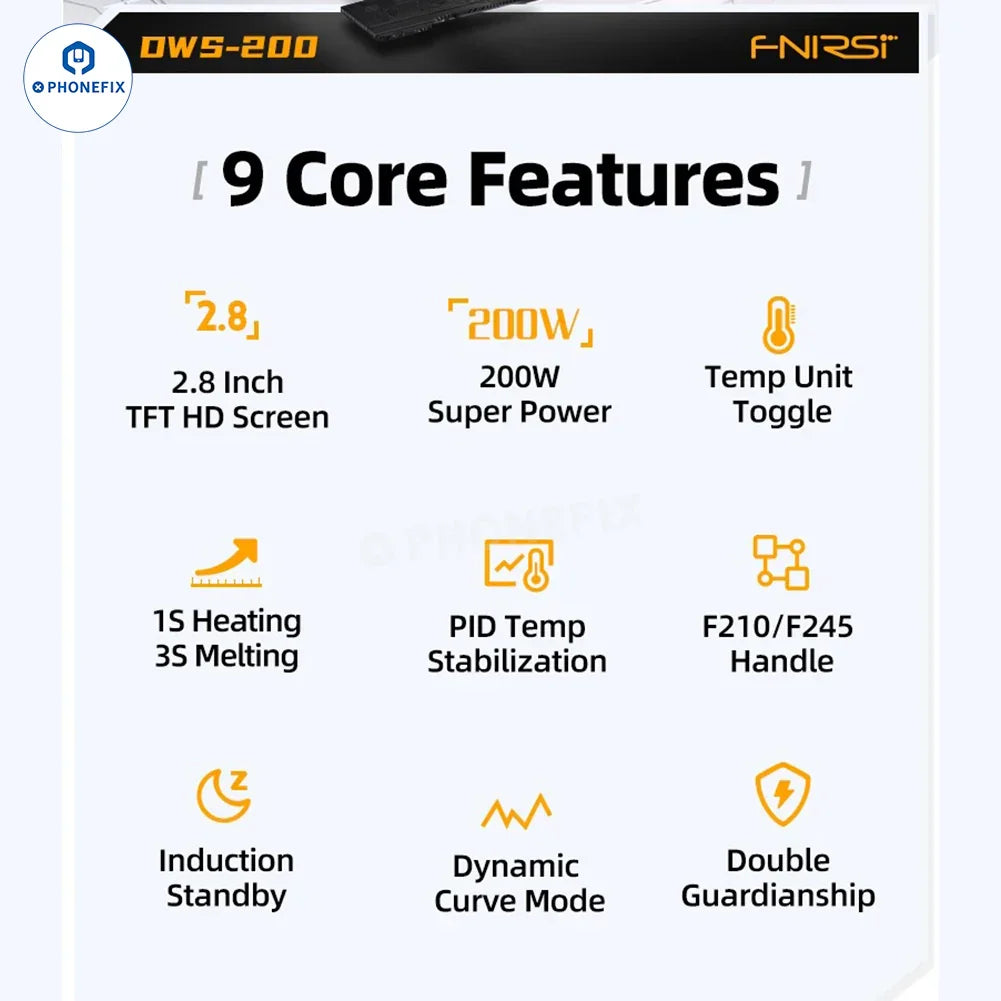 FNIRSI DWS-200 200W BGA soldering station with T210 T245 handle, featuring PHONEFIX branding and precision soldering tools.
