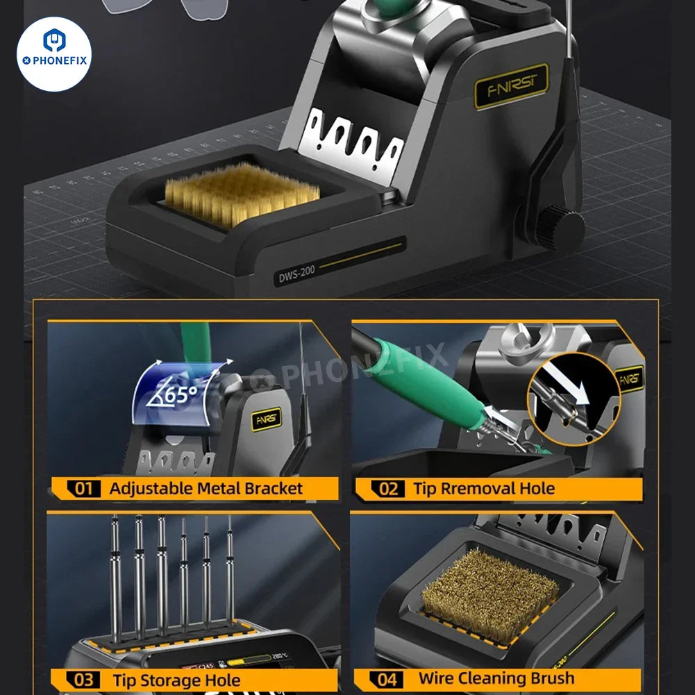 FNIRSI DWS-200 200W BGA soldering station with T210 T245 handle, featuring PHONEFIX branding and adjustable temperature controls.