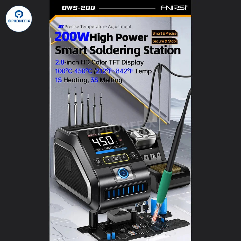 FNIRSI DWS-200 200W BGA Soldering Station with T210 T245 handle, featuring PHONEFIX brand and precision soldering tools.